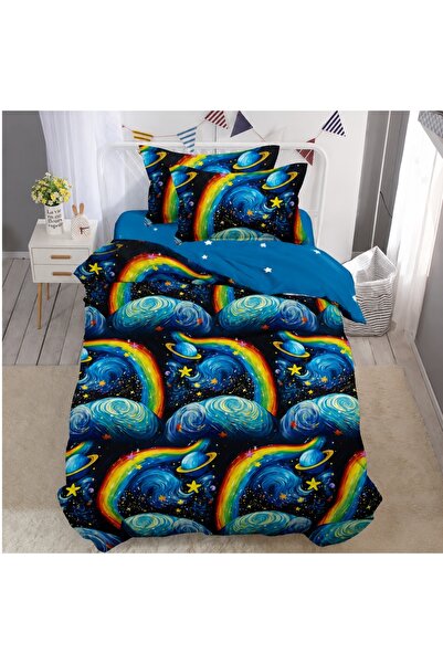 Pucioasa Home Lenjerie de pat 1 persoana Galaxy Rainbow 4 piese, cu cearceaf ...