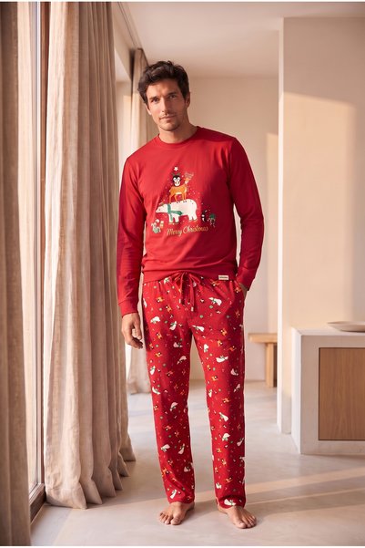 Katia&Bony Erkek Dear Santa Geyik Desenli Pijama Takımı Kırmızı