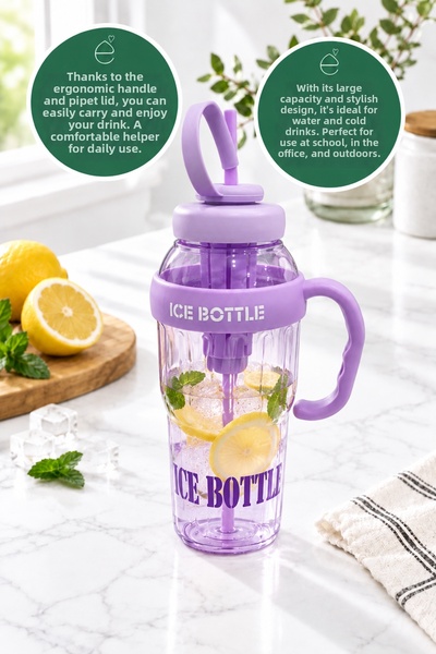 EVONİTA Straw Water Bottle, Large Size Water Bottle with Handle, Cold Drink Cup, Portable, Daily Use