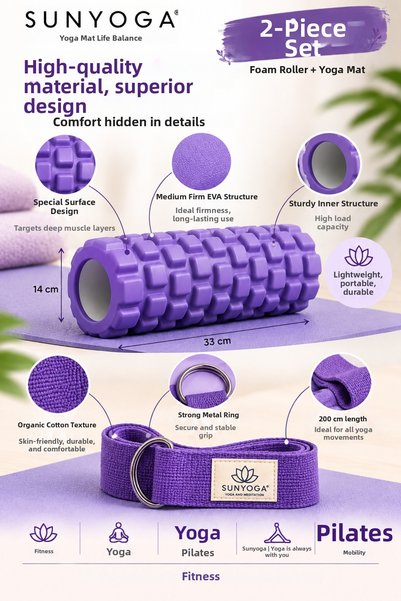 SUNYOGA Foam Roller and Yoga Belt Set Medium Hard Eva Massage Roller 33X14 cm 200 cm Cotton Belt