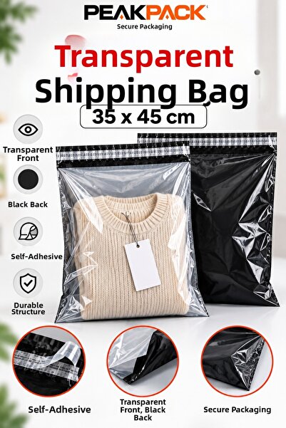 PEAKPACK Transparent Shipping Bag 35X45 cm Black Back Side Self-Adhesive 500 Pieces Packaging Bag