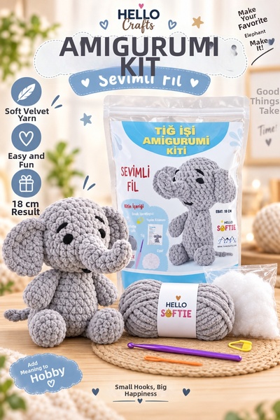 LİVA CRAFT Art & Craft Softie Amigurumi Kit, Cute Elephant, 18 cm