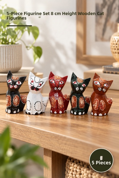 Yenilig 5 Piece Wooden Cat Set – Set of 5 Figures 8 cm Height Wooden Cat Figu...