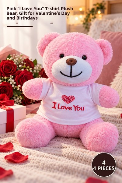 Yenilig 4 قطع دببة قطيفة - دببة وردية اللون مع تي شيرت مطبوع عليه I Love You،...