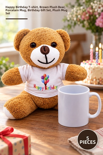 Yenilig 5-Piece Plush Teddy Bear and Mug Gift Set – Happy Birthday Printed T-...