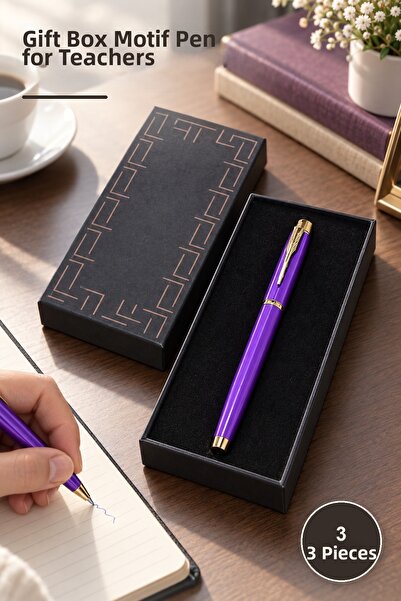 Yenilig 3 Pieces of Purple Metal Roller Pens – Boxed with Motifs, Gift for Te...