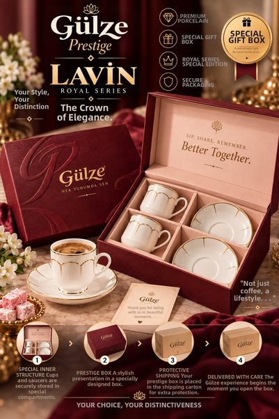 GÜLZE Prestige / Royal Series / Lavi̇n Model 2-Person Coffee Cup Set (Special Design-Thin Bone Porcelain)