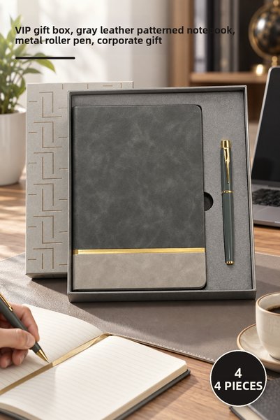 Yenilig 4-Piece Notebook Pen Set – Boxed Vip Gift, Gray Leather Patterned Not...