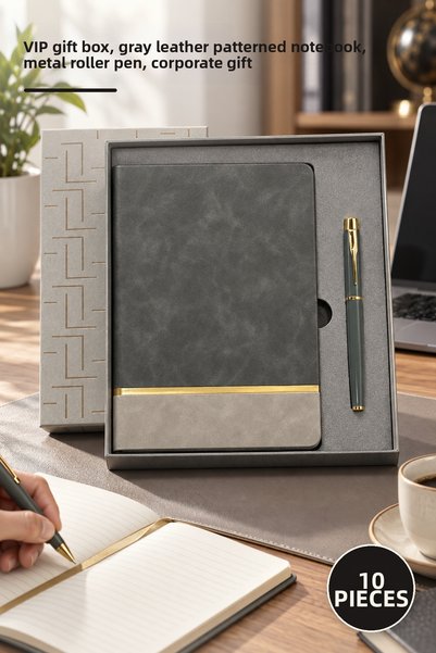 Yenilig 10-Piece Notebook Pen Set – Boxed Vip Gift, Gray Leather Patterned No...