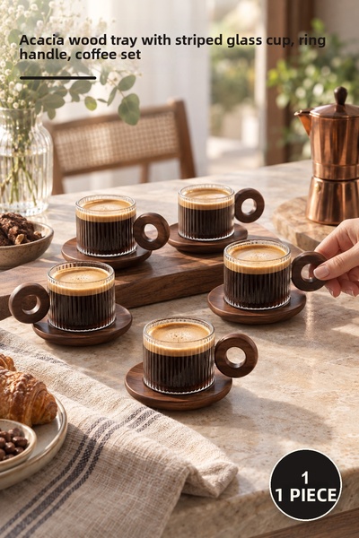 Yenilig 1 Piece Striped Acacia Coffee Set – Striped Glass Cup with Acacia Woo...