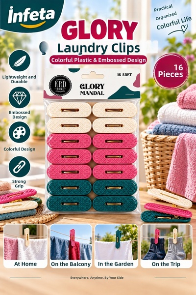 İnfeta 16-Piece Clothes Pegs with Colorful Plastic Embossed Patterns and Stro...