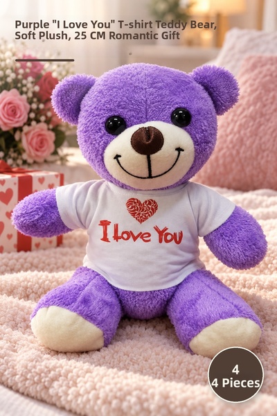 Yenilig 4 قطع دمية دب قطيفة - دمية دب بنفسجية مع تي شيرت I Love You، قطيفة نا...