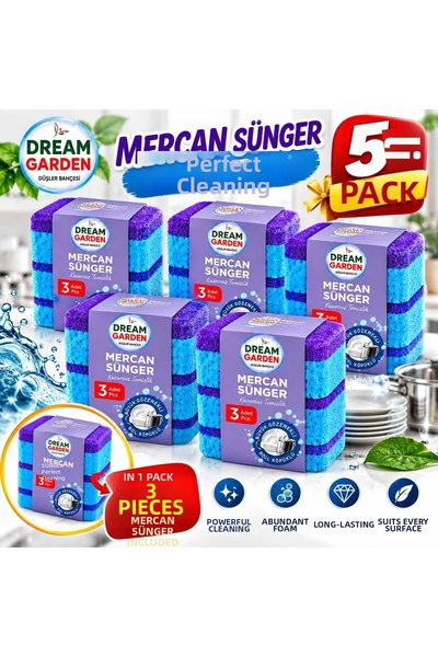 DREAM GARDEN 3-Piece Coral Dishwashing Sponge with Large Poles (Pack of 5 Set)