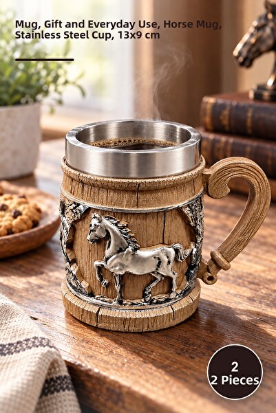 Yenilig 2 Horse-Themed 3D Embossed Stainless Steel Mugs – Mug Cup, Gift and D...