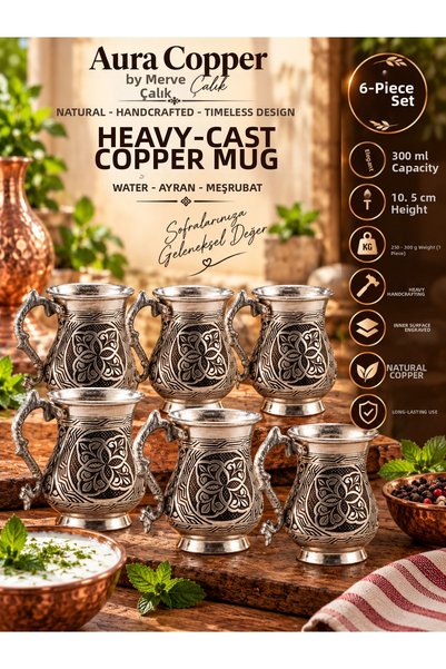 AURA COPPER Heavy Hand-Embroidered Copper Cup 300 ml Tin-Plated Ayran Water S...
