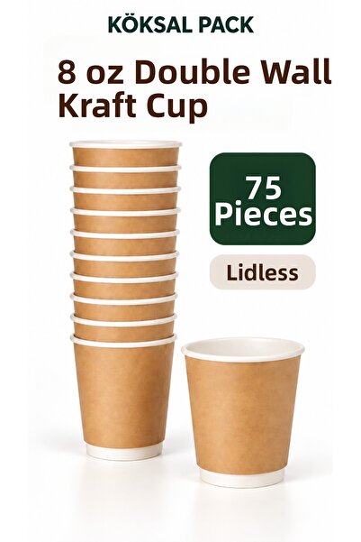Köksal Pack 75 Pcs 8 oz Double Wall Kraft Coffee Cups Without Lids Double Wal...