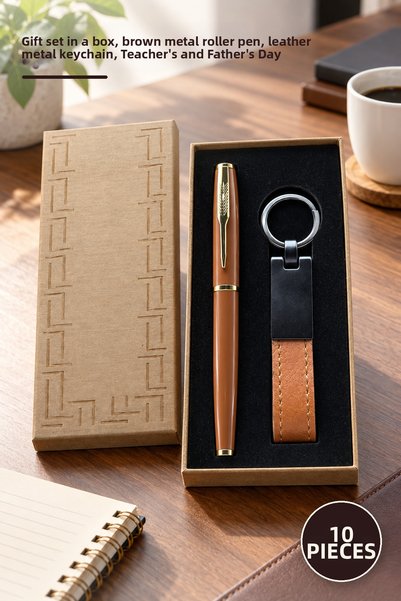 Yenilig 10-Piece Leather Keychain and Metal Pen Set – Boxed Gift Set, Brown M...