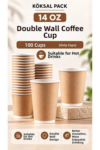 Köksal Pack 100 Pcs 14 oz Double Wall Kraft Coffee Cup Without Lid Double Wal...