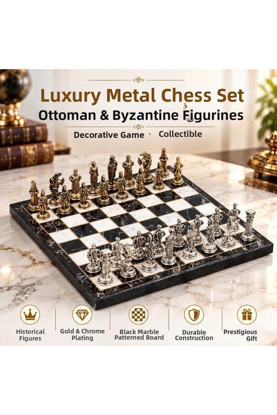 e-life shop Luxury Metal Chess Set with Ottoman Byzantine Figures, Chrome Bla...