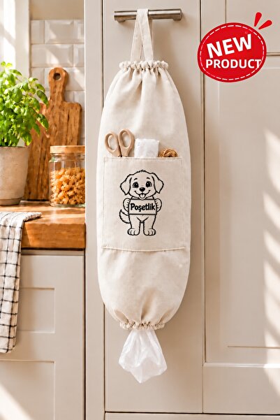 Paris Home Hanging Dog Patterned Bag Holder with Pockets, Kitchen Bag Organiz...