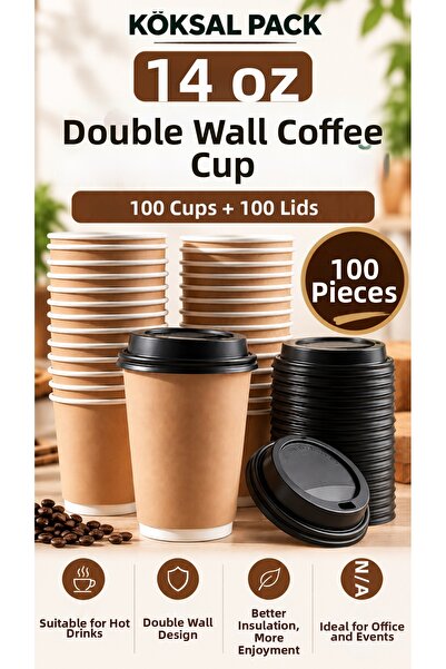 Köksal Pack 100 Pcs 14 oz Double Wall Kraft Coffee Cups + 100 Black Lids Doub...