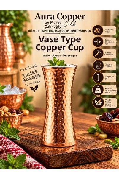 AURA COPPER Handmade Forged Copper Cup 500-600 ml Soft Drink Cup Kc-00015 Vas...