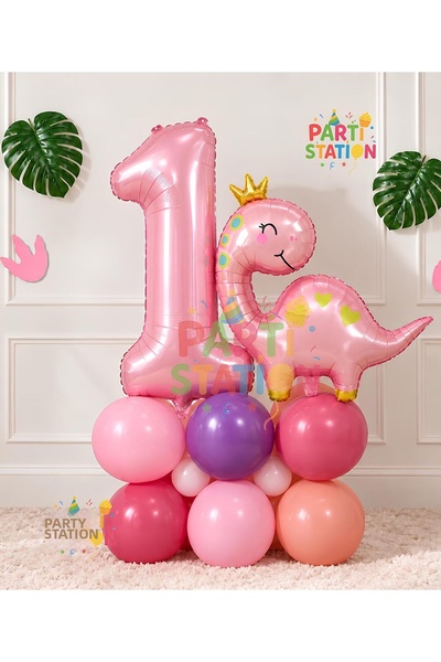 Parti Station Cute Pink Dinosaur Concept 1 Year Old - 10 Piece Birthday Ballo...