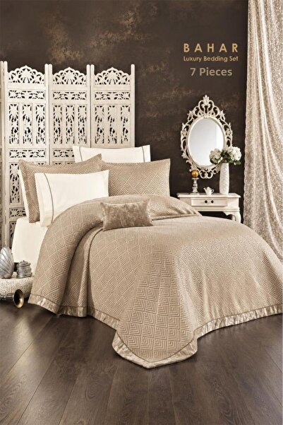 Çeyiz Diyarı Bahar 7 Piece Silk Velvet Chenille Pique Set Beige