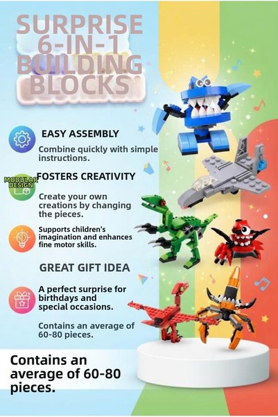 Tıfıl Toys Surprise Egg Set of 6 Building Blocks with Dinosaur and Vehicle Fi...
