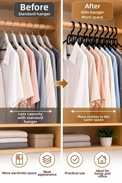 Kitchen Line 6-Piece Slim Clothes Hangers with Bow Design – Multi-Purpose Black Plastic Hangers for Pants, Shirts, and Dresses 42 cm