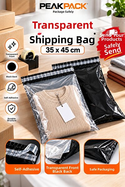 PEAKPACK Transparent Shipping Bag 35X45 cm Black Back Side Self-Adhesive 100 Pieces Packaging Bag