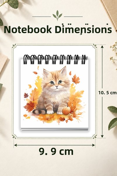 giftkonsept Cute Cat Patterned Mini Notepad Set with Autumn Leaves