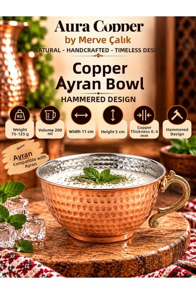 AURA COPPER Copper Ayran Bowl and Cup 200 ml with Forged Handle