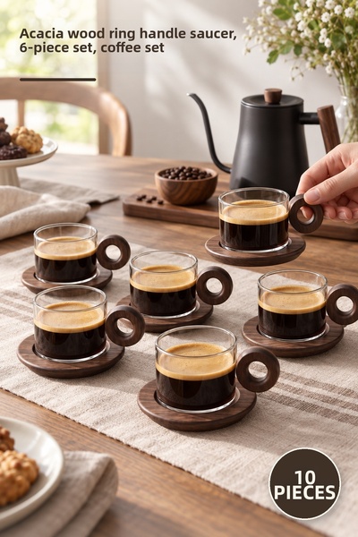 Yenilig 10 Pieces of Plain Glass Coffee Set – Acacia Wood Ring Handle Coaster...