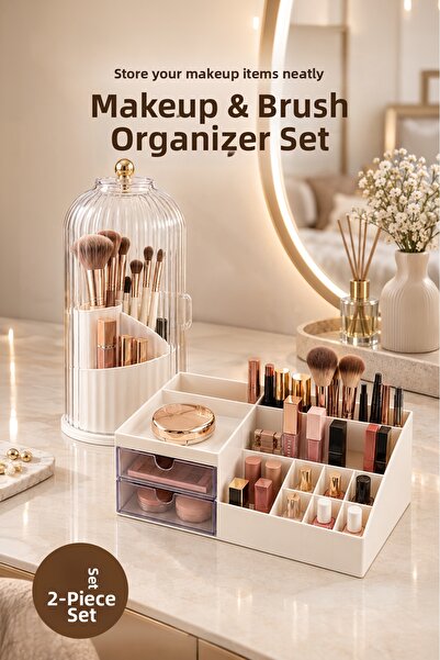 Vienev 2-Piece Makeup Organizer Set with Jar-Lid Brush Holder and 11-Compartm...