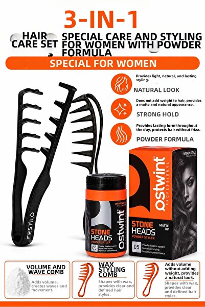 FESTİLO 3-Piece Hair Styling Set |   Wax Powder, Volume Comb and Styling Comb