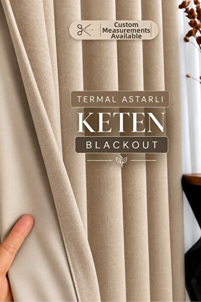Yuka Beige Thermal Linen Blackout Lined Plain Pleatless Extrafoam Gathered Bl...