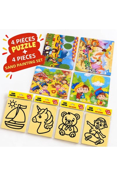 YLDZ Educational Kids Activity Set - 4 Puzzle and 4 Sand Painting Sets - Preschool Intelligence and Skill Development Hobby and Art Set