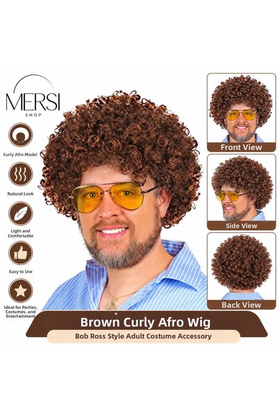 Mersi SHOP Brown Curly Afro Synthetic Party Wig Bob Ross Style Adult Costume ...