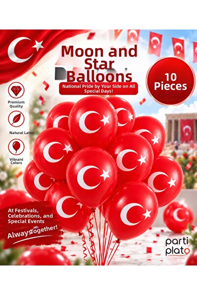 Marlon Balon Red and White Moon and Star Printed Balloons (Pack of 10) - Elev...