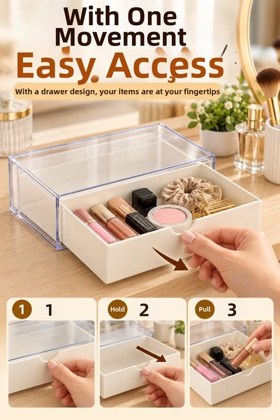 FLY LIFE منظم سطح المكتب مع أدراج وغطاء شفاف، صندوق تخزين للمكياج والمجوهرات، مقاس 23x13x6 سم