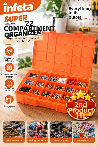 İnfeta 22 Compartment Orange Organizer Box with Transparent Lid Multi-Purpose...