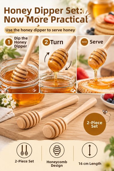FLY LIFE Wooden Honey Stick 16 cm Slotted Honey Spoon Honey Serving and Breakfast Presentation Tool Set of 2