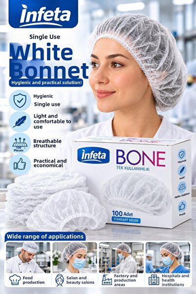 İnfeta 100 Pieces White Disposable Hygienic Cap Elastic Cook Food Medical Hai...