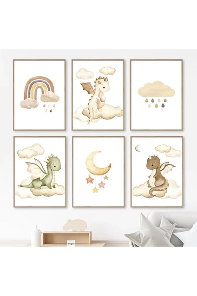 tablomaxtbx Bohemian Colorful Cute Dinosaurs 6-Piece Frame Looking Table MDF ...