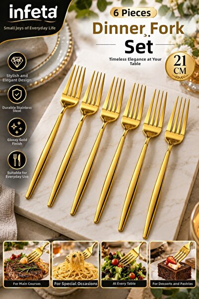 İnfeta Gold 21 cm Set of 6 Stainless Steel Dinner Forks Stylish Tableware Cut...