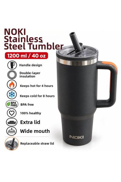 Noki T-0137 1200 ml Stainless Steel Tumbler Thermos Cup with Straw and Spare Lid, Gray with Handle