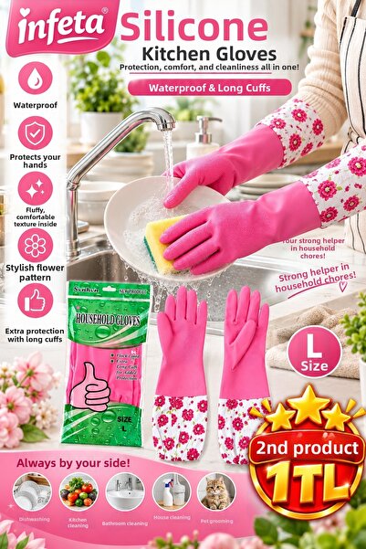 İnfeta Size L Pink Floral Pattern Long Sleeve Waterproof Dishwashing and Clea...