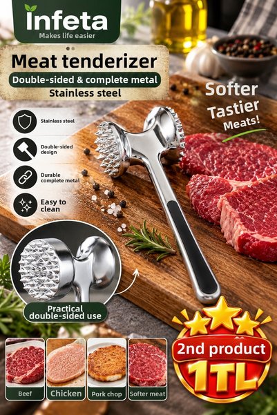 İnfeta Double Headed Complete Metal Stainless Steel Meat Tenderizer Meat Soft...