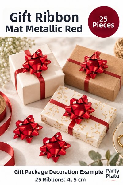 Parti Plato Red Matte Metallic Star Bow 25 Pieces 4.5 cm Raffia Gift Wrap Dec...